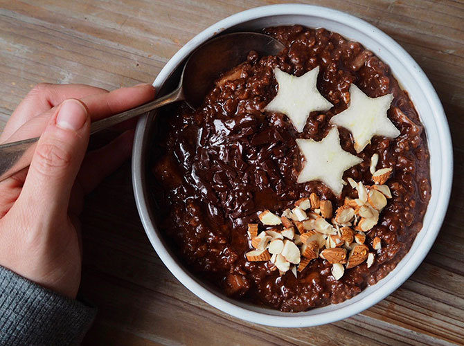 The Most Indulgent Chocolate Pear and Almond Porridge