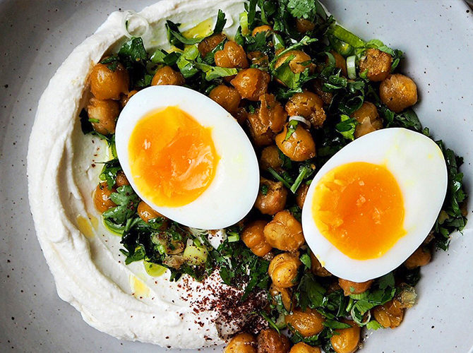 Jammy Eggs with Herby Roast Chickpeas and Tahini Yogurt