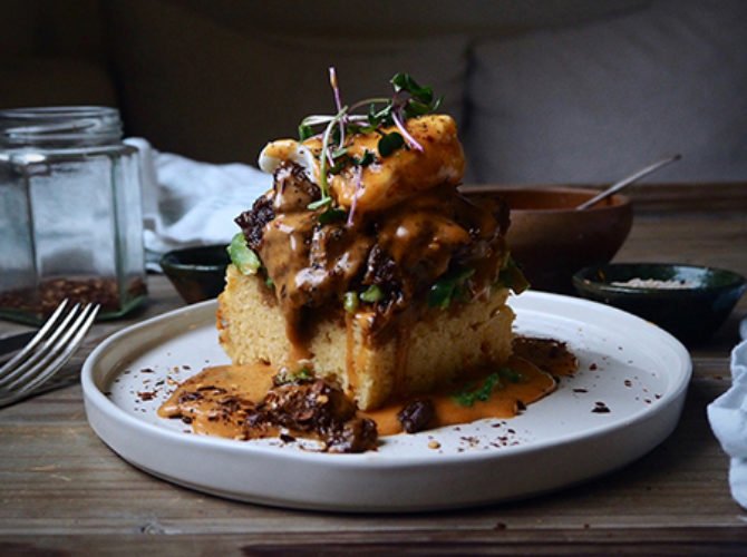 Slow Cooked Pork Eggs Benedict with Chipotle Hollandaise and Cornbread