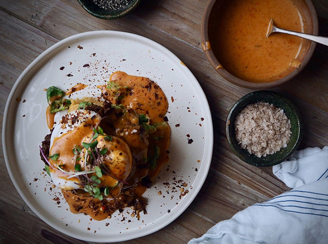 Slow Cooked Pork Eggs Benedict with Chipotle Hollandaise and Cornbread