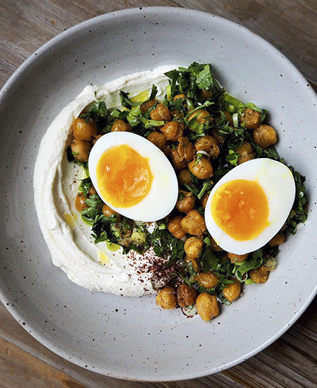 Jammy Eggs with Herby Roast Chickpeas and Tahini Yogurt