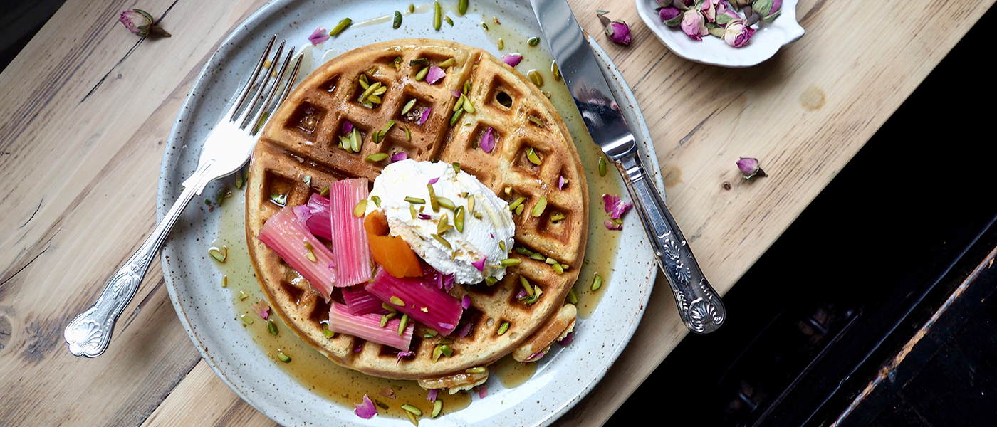 Waffles with Rhubarb and Pistachios
