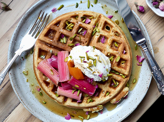 Brown Butter Waffles with Orange Poached Rhubarb and Pistachios