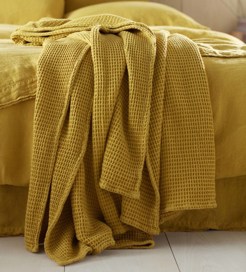 Mustard Yellow Big Waffle Bed Throw Secret Linen Store