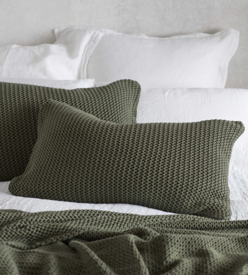 Knitted Olive Green Bed Throw and Cushion Cover Secret Linen Store