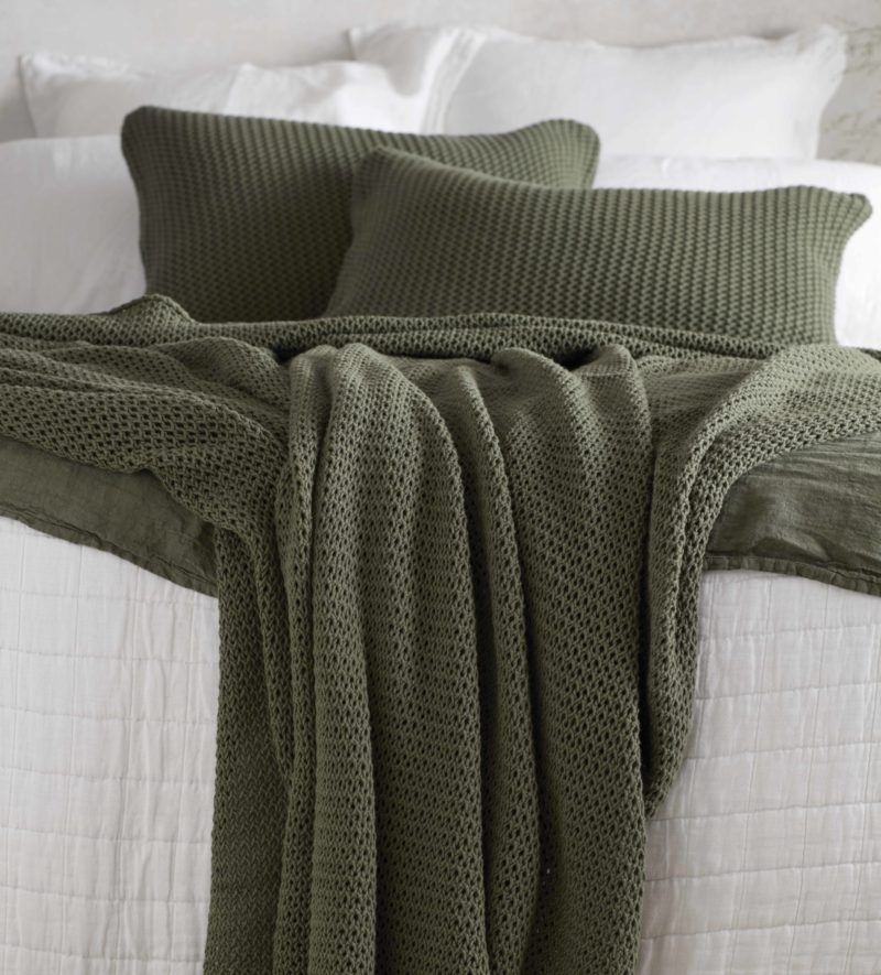 Knitted Olive Green Bed Throw and Cushion Cover Secret Linen Store