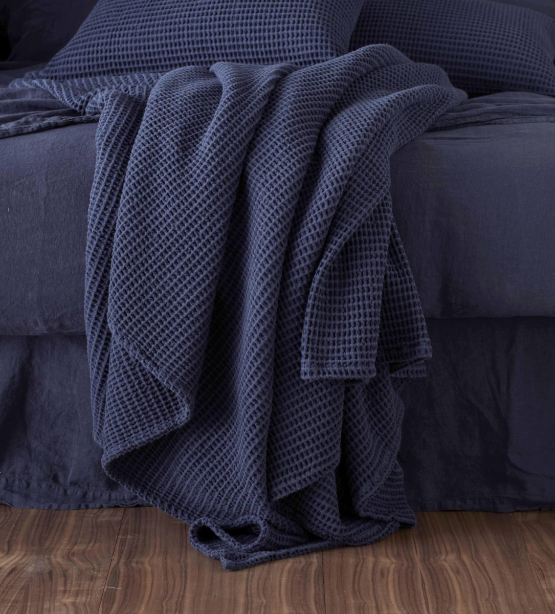 Navy Blue Big Waffle Bed Throw and Cushion Cover Secret Linen Store